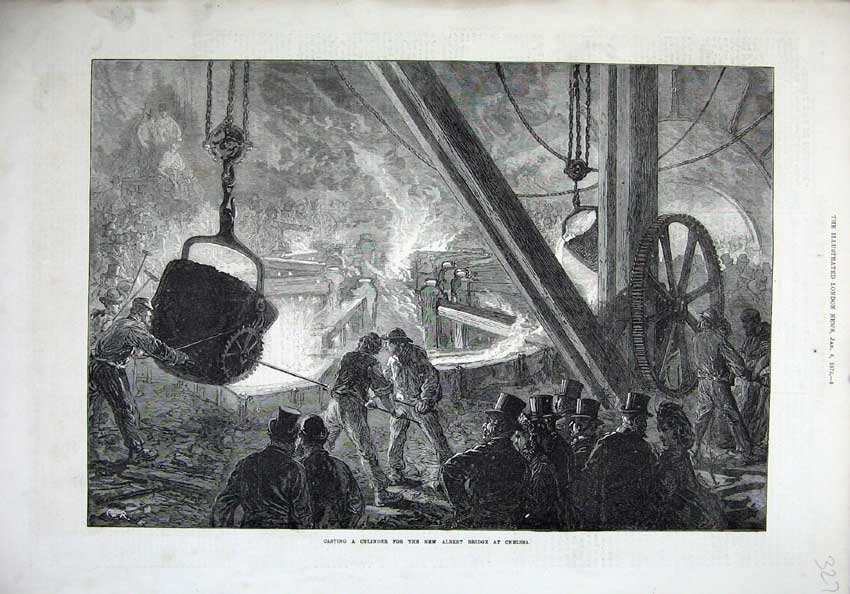 Original Old Antique Print 1872 Casting Cylinder Albert Bridge Chelsea Fine Art