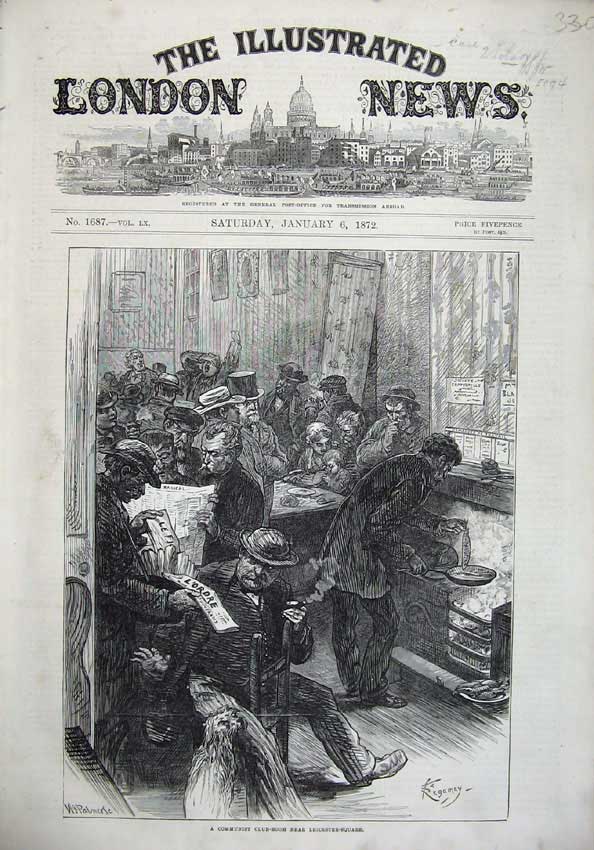 Original Old Antique Print 1872 Communist Club-Room Leicester Square Fine Art