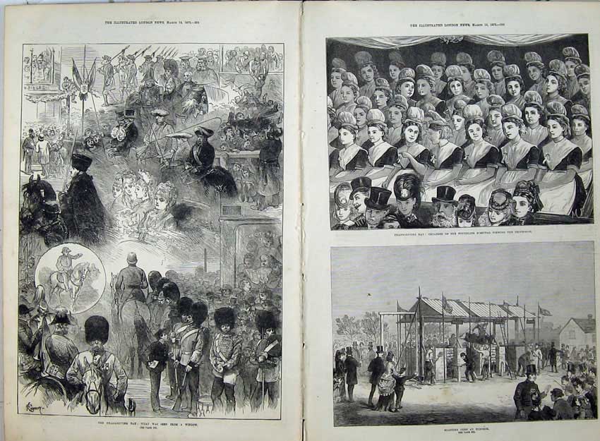 Old Antique Print 1872 Thanksgiving Oxen Windsor Children Guards Horse 19th