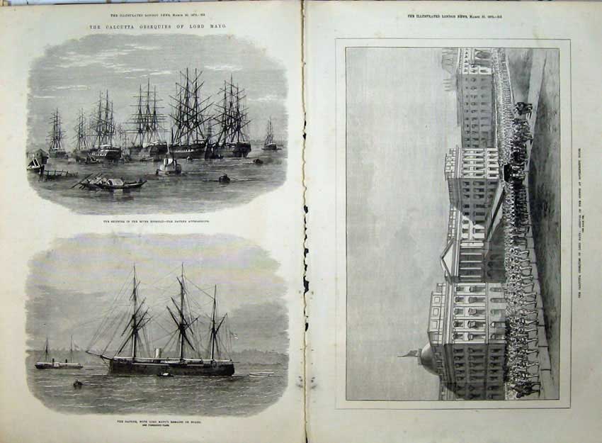 Antique Old Print 872 Lord Mayo Funeral Government House Ships Daphne Art
