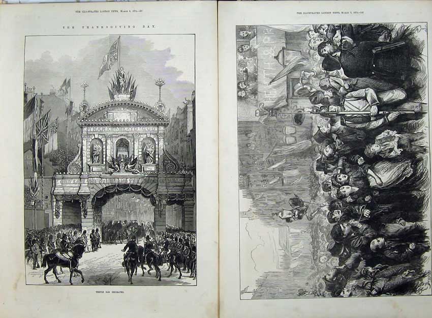 Old Antique Print Thanksgiving 1872 Temple Bar Crowd People Horses Art 19th