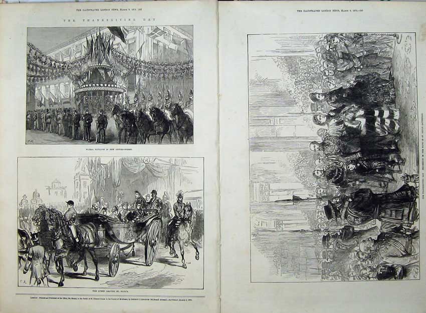 Old Antique Print Thanksgiving 1872 Floral Pavilion Queen Paul Cathedral 19th