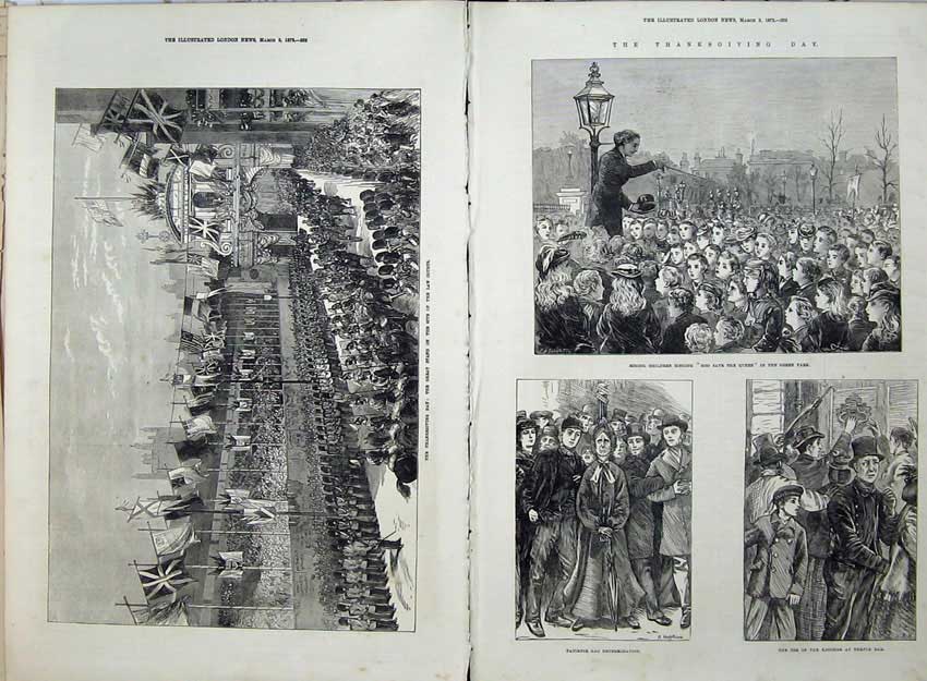 Old Antique Print Thanksgiving 1872 Law Courts Stand Green Park Children 19th