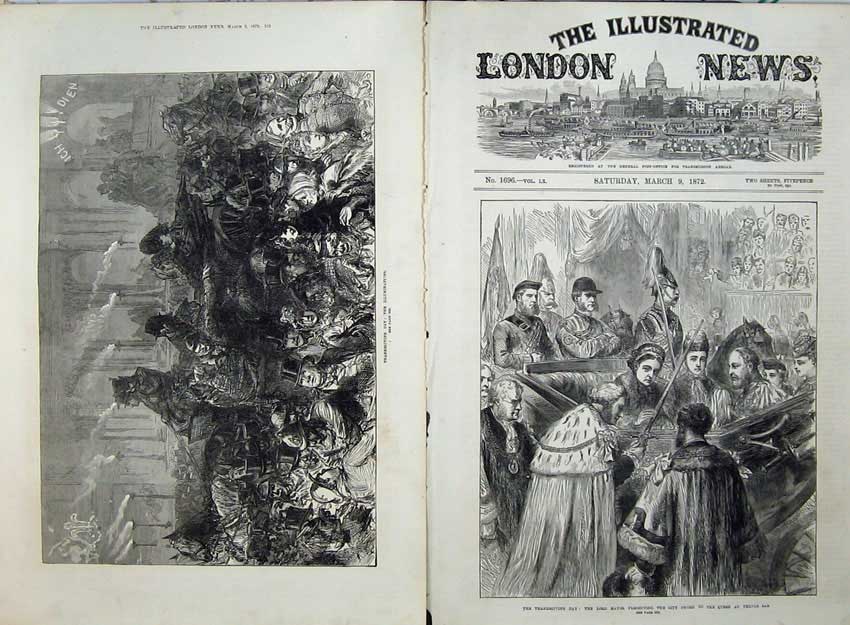 Old Antique Print Thanksgiving Illuminations Lord Mayor City Sword Queen