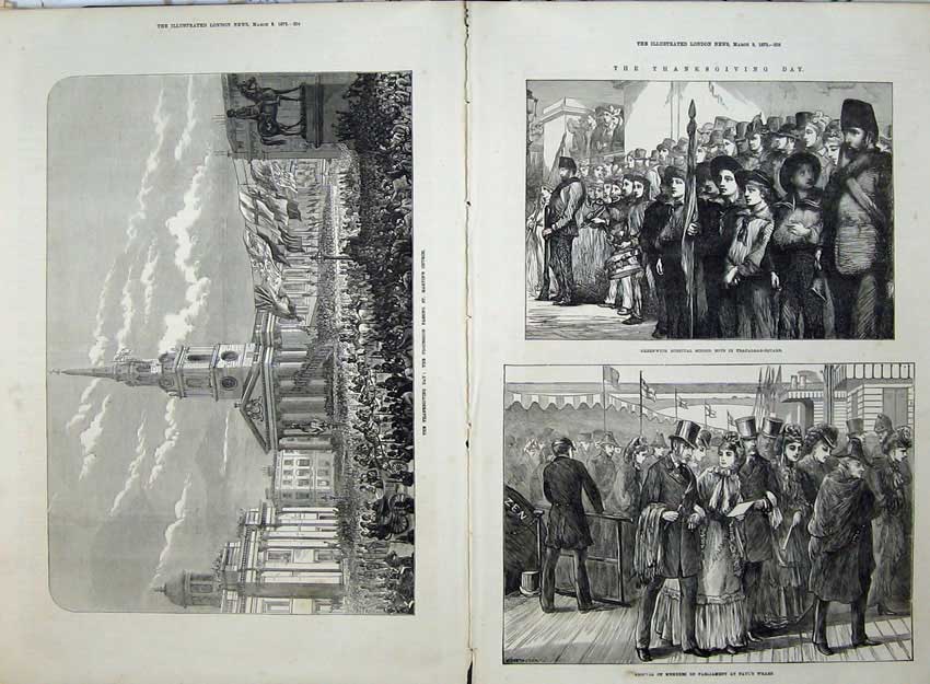 Old Antique Print Thanksgiving Martin'S Church Greenwich Trafalgar Wharf