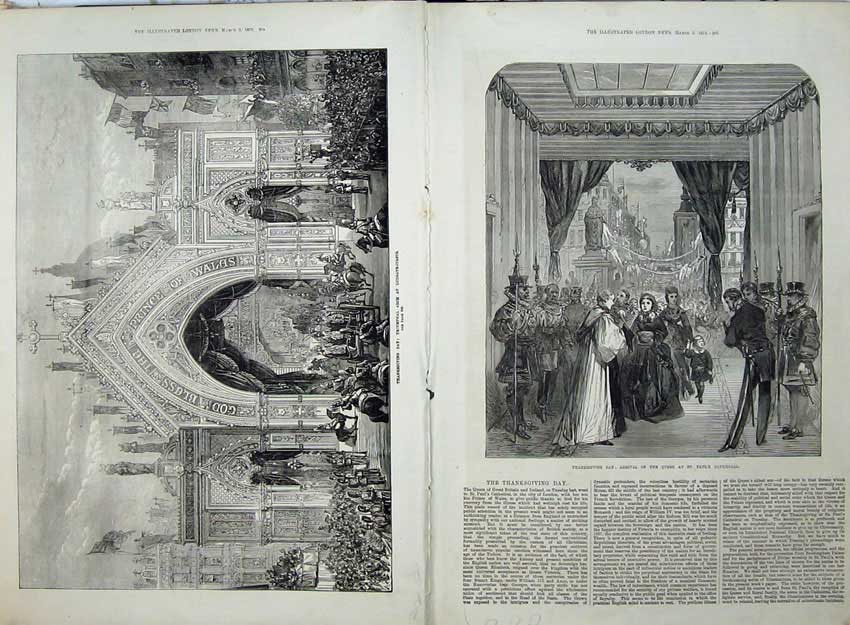 Old Antique Print Thanksgiving 1872 Triumphal Arch Ludgate Cathedral Art 19th