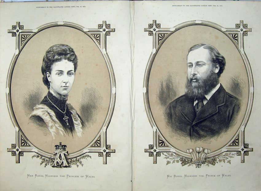 Old Antique Print 1872 Portrait Royal Highness Princess Prince Wales Art 19th