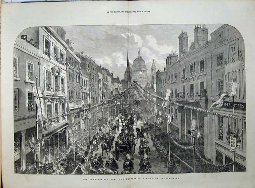 Old Antique Print 1872 Thanksgiving Day Procession Ludgate-Hill Fine Art 19th