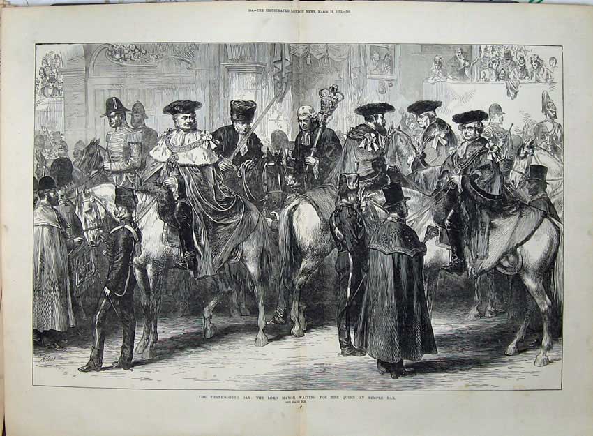 Old Antique Print 1872 Thanksgving Day Lord Mayor Queen Temple Bar Art 19th