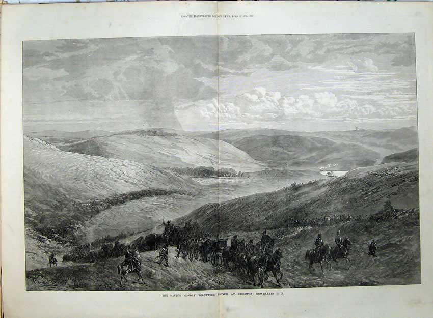 Old Antique Print 1872 Volunteer Review Ta Army Brighton Newmarket Hill 19th