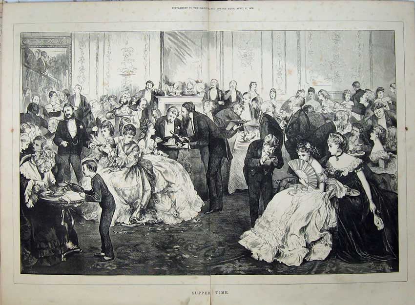 Original Old Antique Print 1872 Fine Art Men Women Supper-Time Dance Romance
