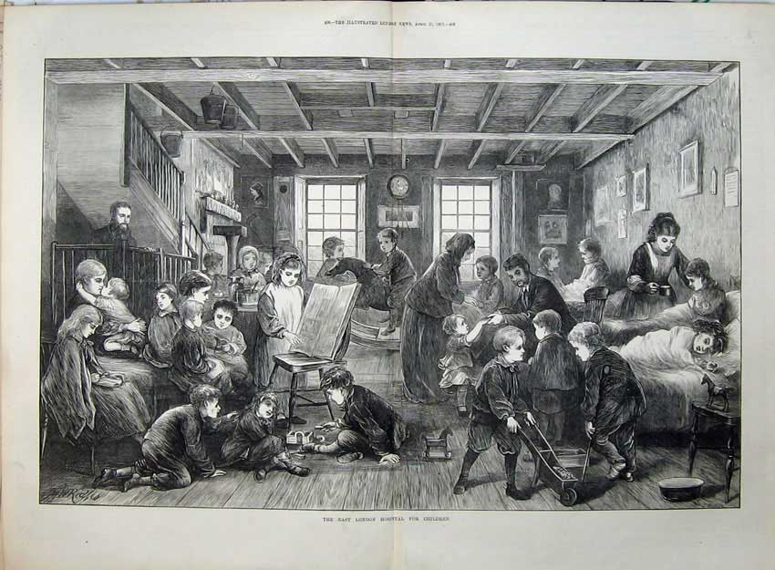 Old Antique Print 1872 East London Hospital Children Wards Beds Sick Art 19th