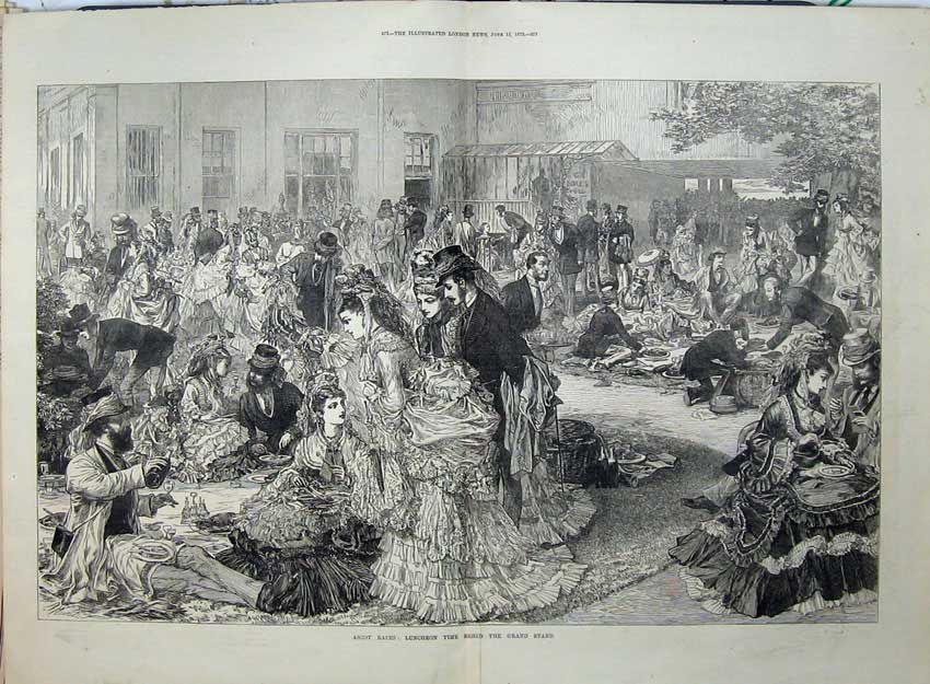 Antique Old Print Ascot Races 1872 Luncheon Grand Stand People Picnic Art 19th