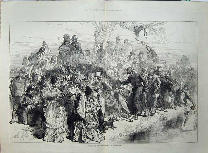 Original Old Antique Print 1872 International Boat Race People Swan Lake 19th