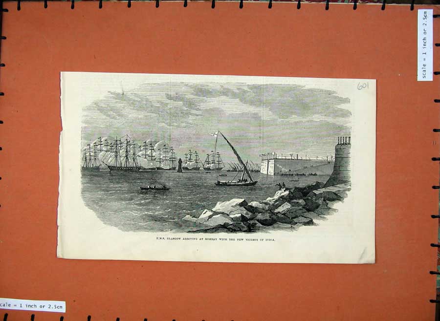 Old Antique Print 1872 H.M.S Glasgow Bombay New Viceroy India Ships Sea 19th