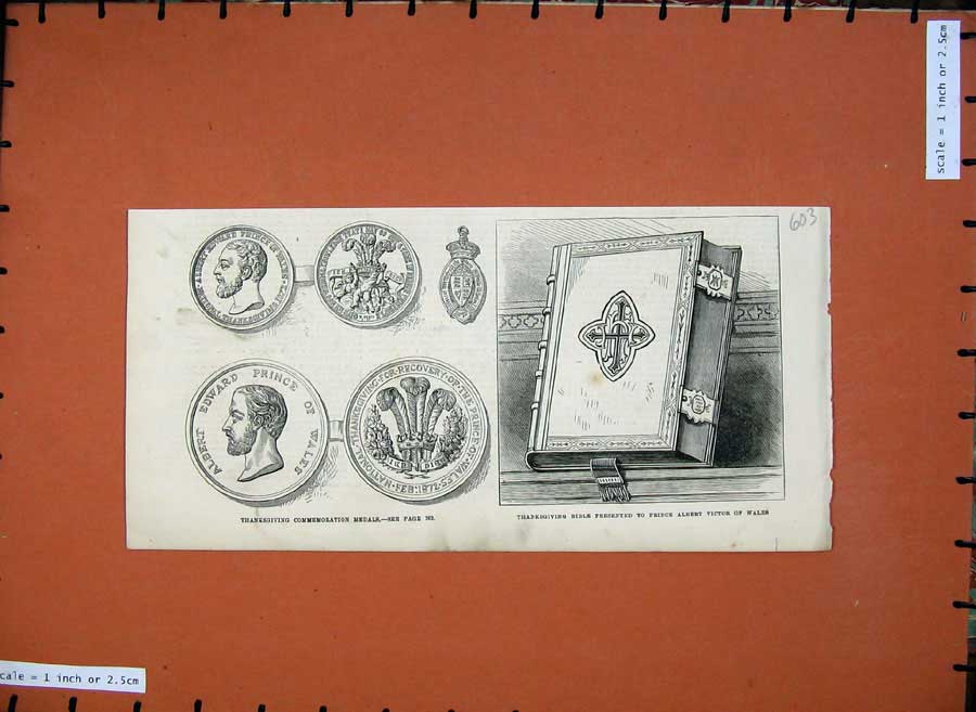 Original Old Antique Print 1872 Thanksgiving Bible Prince Victor Wales Medals