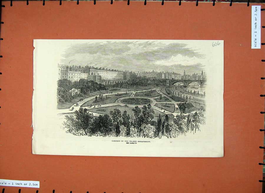 Old Antique Print 1872 View Gardens Thames Embankment London River Bridge 19th