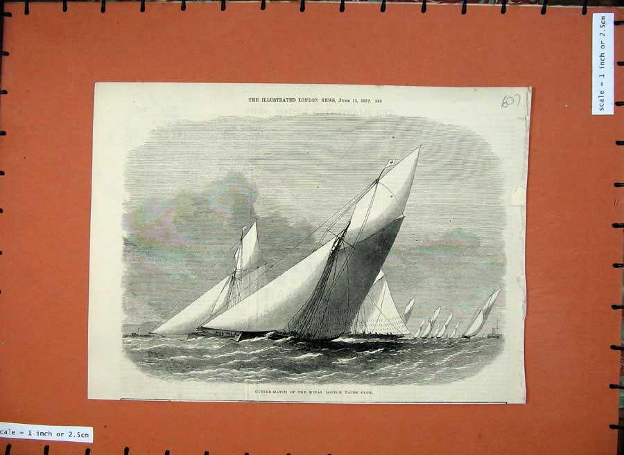 Old Antique Print 1872 Cutter-Match Royal London Yacht Club Sailing Sea 19th