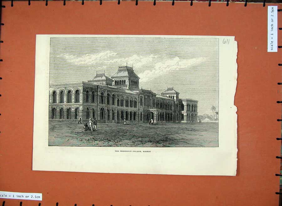 Original Old Antique Print 1872 Presidency College Madras Building Fine Art