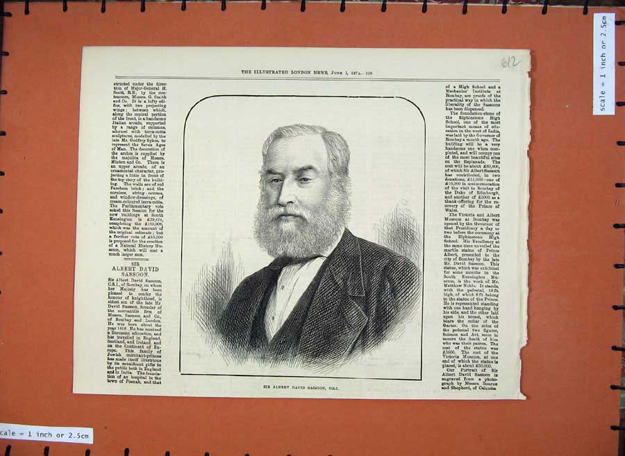 Original Old Antique Print 1872 Portrait Sir Albert David Sassoon Man Victorian