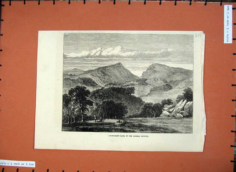 Original Old Antique Print 1872 Lalbourah'S Gate Looshai Country Mountains Art