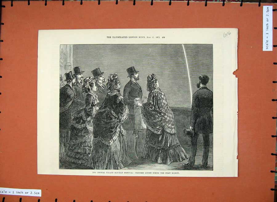Old Antique Print 1872 Crystal Palace Festival Princess Louise Rocket Art 19th