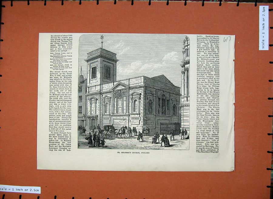 Old Antique Print 1872 St Mildred'S Church Poultry Building Clock People 19th