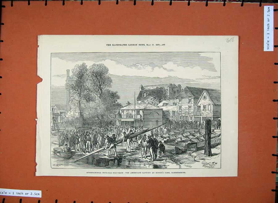 Original Old Antique Print 1872 Four-Oar Boat-Race Americans Biffin Hammersmith