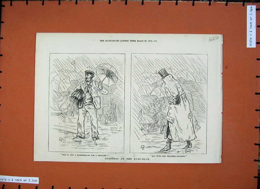 Original Old Antique Print 1872 Boat Race Raining Umbrella Man Raincoat Sketch