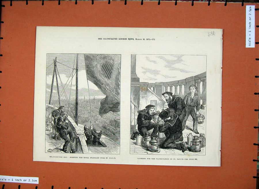 Old Antique Print Lanterns Illuminations Sailors 1872 Sailing Ship Flag 19th