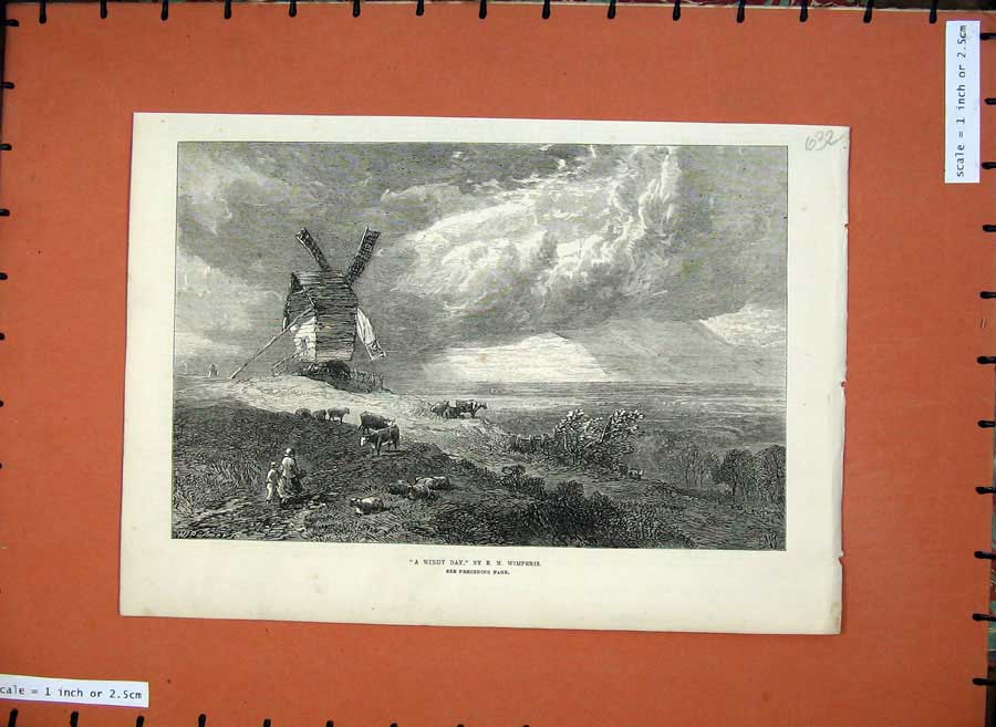 Original Old Antique Print 1872 Windmill Stormy Weather Cattles 19th