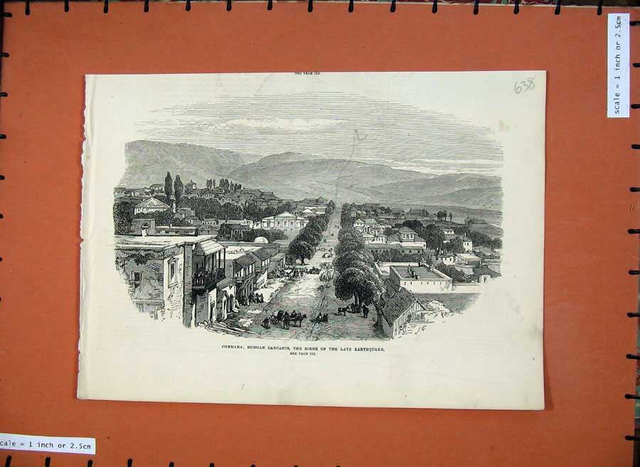 Old Antique Print Chemaka Russian Caucasus Earthquake 1872 Houses Hills 19th