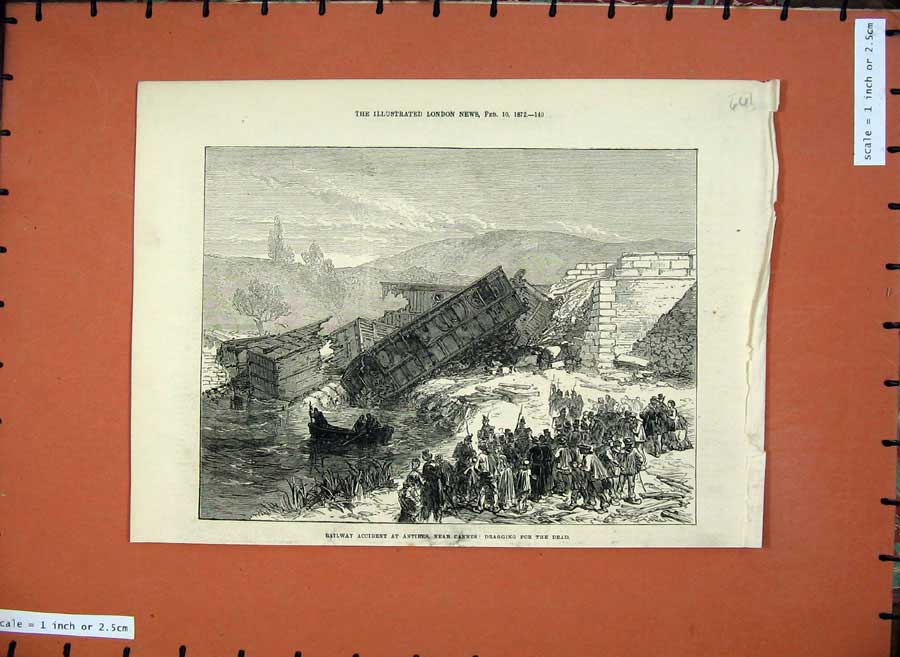 Old Antique Print 1872 Railway Accident Antibes Cannes France Train River 19th