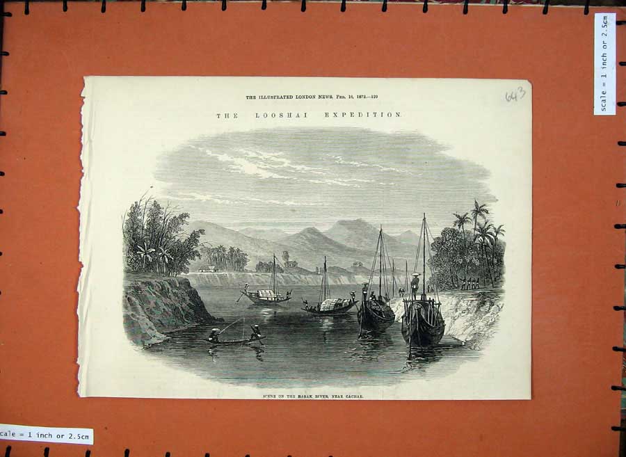 Old Antique Print 1872 Looshai Expedition Barak River Cachar Boats Hills 19th