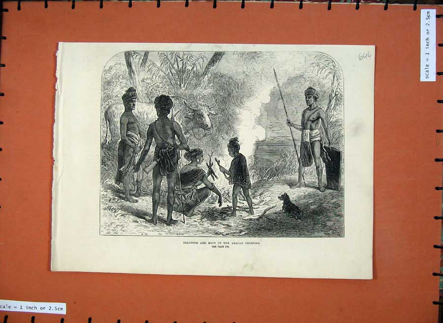 Original Old Antique Print Shandoos Mros Aracan Frontier War Natives 1872 Fire
