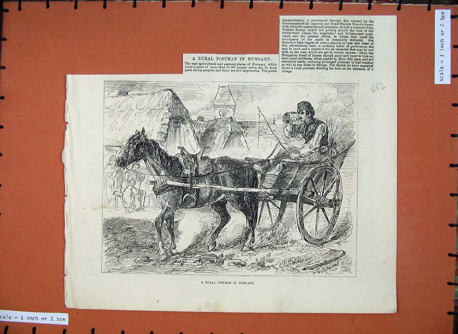 Original Old Antique Print Sketch Rural Postman Hungary 1872 Horse Cart 19th