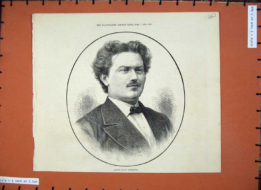 Original Old Antique Print Portrait Man 1872 Signor Italo Campanini Victorian