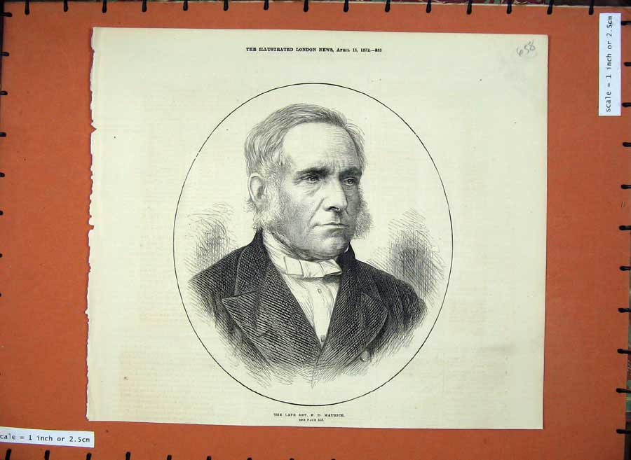 Original Old Antique Print 1872 Portrait Rev. Maurice Man 19th