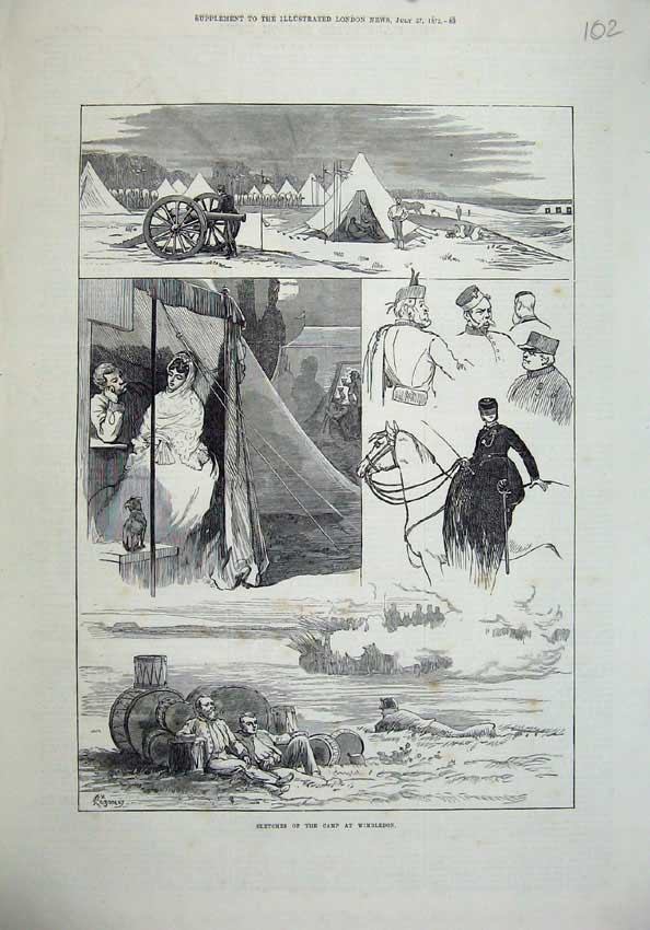 Original Old Antique Print 1872 Camp Wimbledon Army Camp War Cannon Gun People