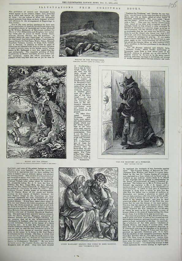 Old Antique Print 1872 Christmas Books Fox Harry Dwarf Wolves Bible King 19th