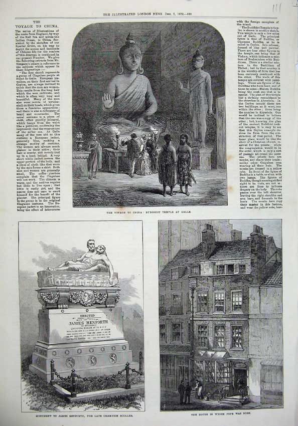 Old Antique Print 1872 Buddhist Temple Galle Monument Renforth Pope House 19th