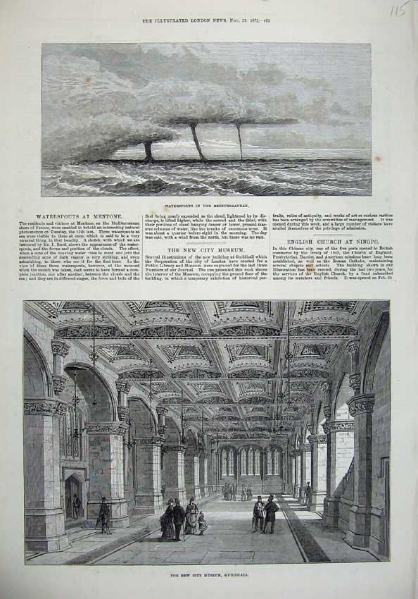 Original Old Antique Print 1872 Waterspouts Mediterranean City Museum Guildhall