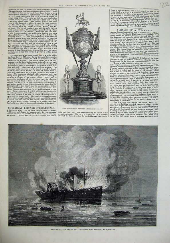 Original Old Antique Print 1872 Brigade Steeplechase Cup Mail Ship America Fire