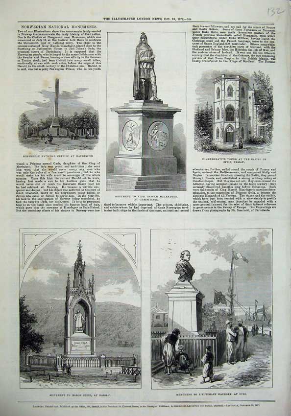 Old Antique Print 1872 Monument Haafager Baron Stin Waghorn Obelisk Art 19th
