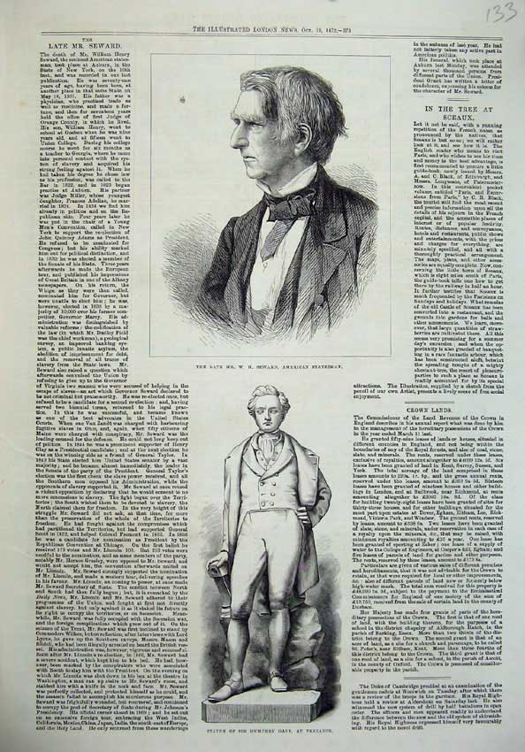 Old Antique Print 1872 Mr Seward Statesman Statue Humphrey Davy Penzance 19th