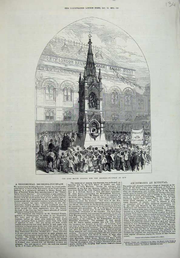 Original Old Antique Print 1872 Lord Mayor Opening Drinking Fountain Bow London