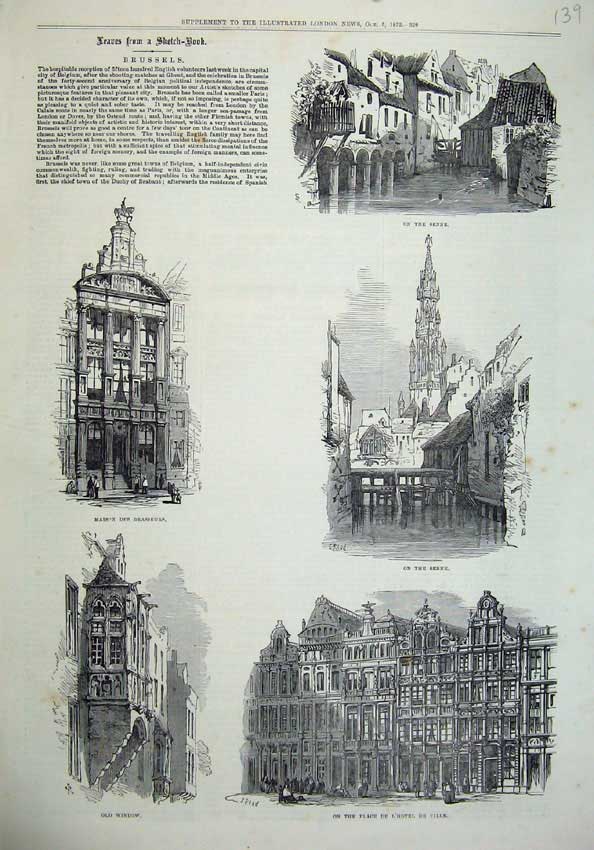 Original Old Antique Print Brussels 1872 River Senne L'Hotel De Ville Brasseurs