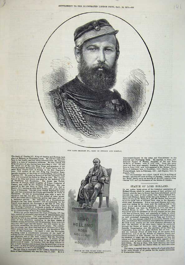 Original Old Antique Print Charles King Sweden Norway 1872 Statue Lord Holland