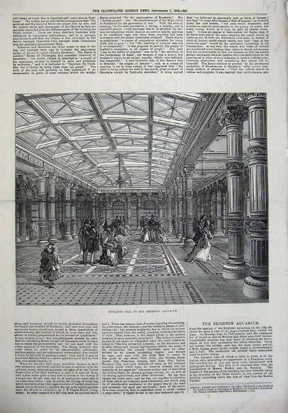 Old Antique Print 1872 Entrance Hall Brighton Aquarium Architecture Art 19th