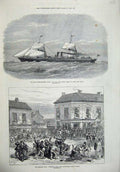 Old Antique Print 1872 Screw-Steamer Ship Japan Suez Canal Belfast Riots 19th